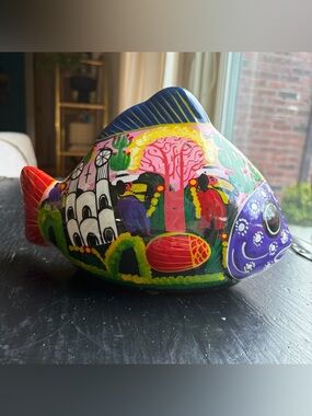Mexican Folk Art Hand Painted Fish Terracotta